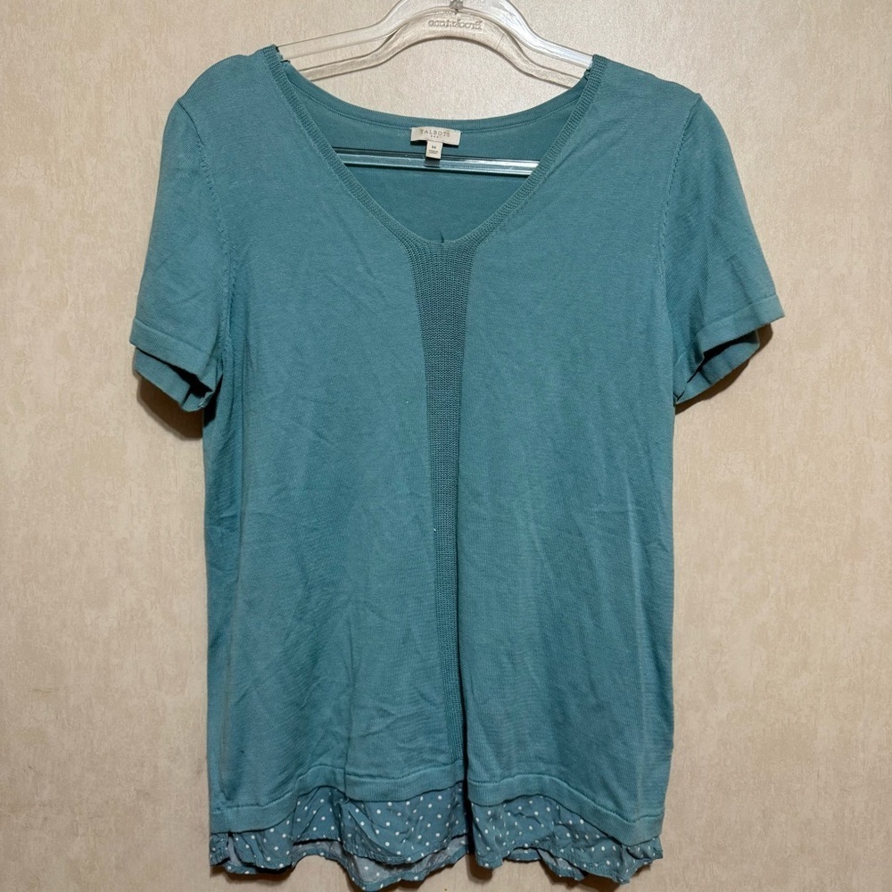 Talbots Turquoise Thin Sweater Blouse with Polka Dot Hem